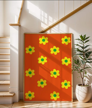 Buntes Blumenmuster mit gelben Blumen auf orangefarbenem Hintergrund