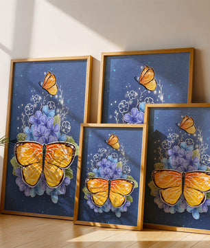 Bright butterfly with blue flowers on a starry background