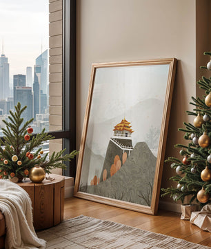 Serene mountain landscape with traditional Asian architecture