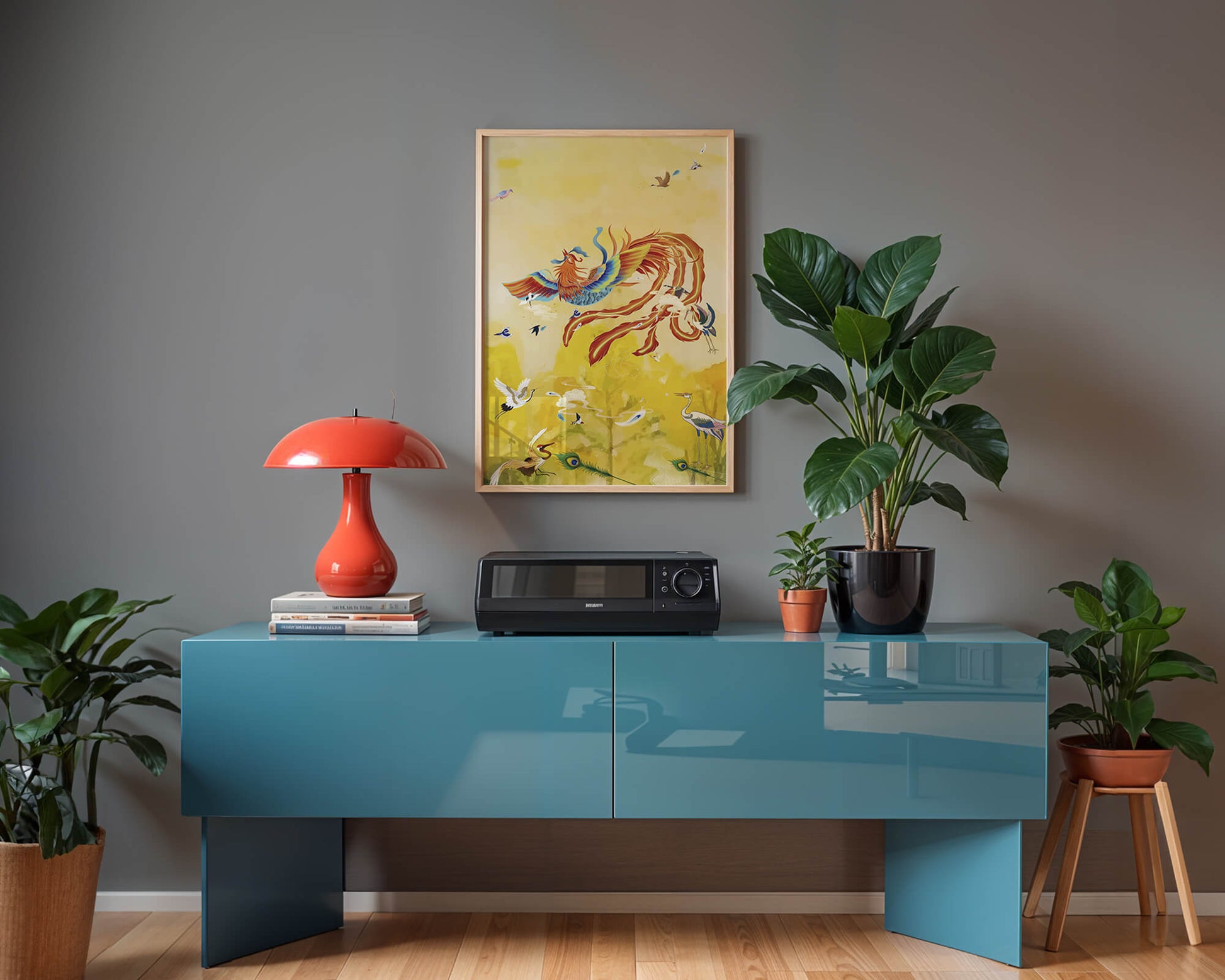 Colorful mystical bird with vivid feathered companions in a vibrant sky