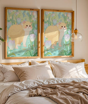 Charmante illustration d’un chat dans un jardin luxuriant de tulipes