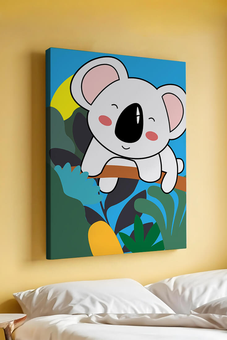 Charming illustrated koala on a branch with vibrant background