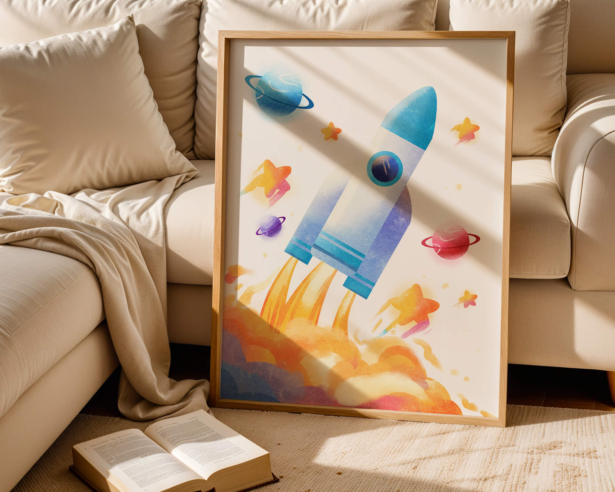 Colorful space-themed illustration with rocket and planets