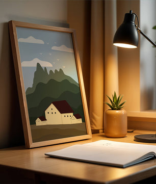Paisaje minimalista de montaña con casas y pájaros en el cielo