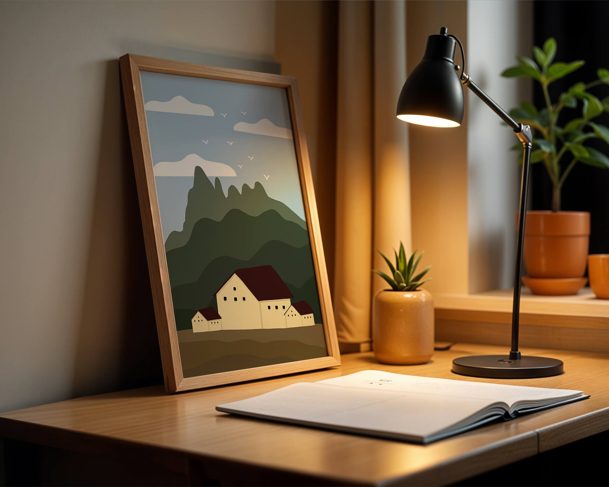Paisaje minimalista de montaña con casas y pájaros en el cielo