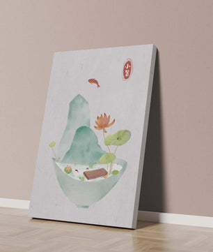 Paysage tranquille avec poissons, lotus et montagne dans un bol