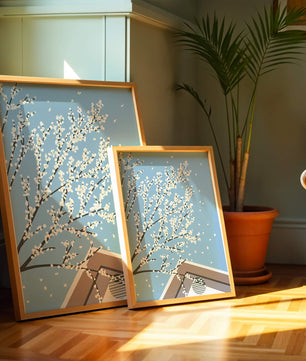 Blooming Branches Against a Clear Sky with Geometric Shapes