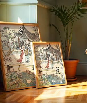 Tranquil Asian Garden Scene with Pandas and Blossoms