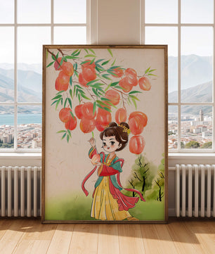 Escena encantadora de una niña con atuendo tradicional y melocotones