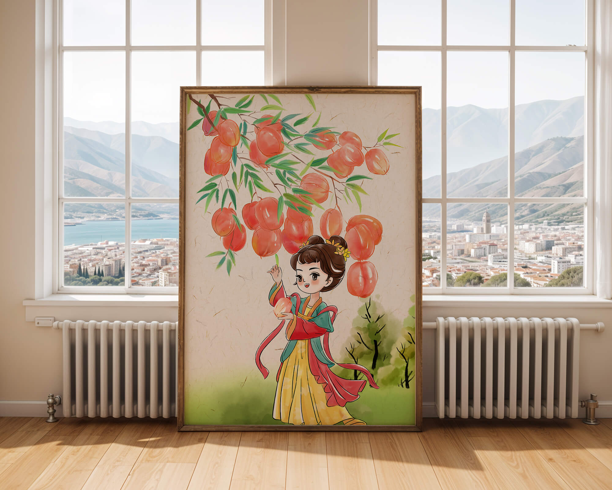 Charmante scène d'une fille en tenue traditionnelle avec des pêches