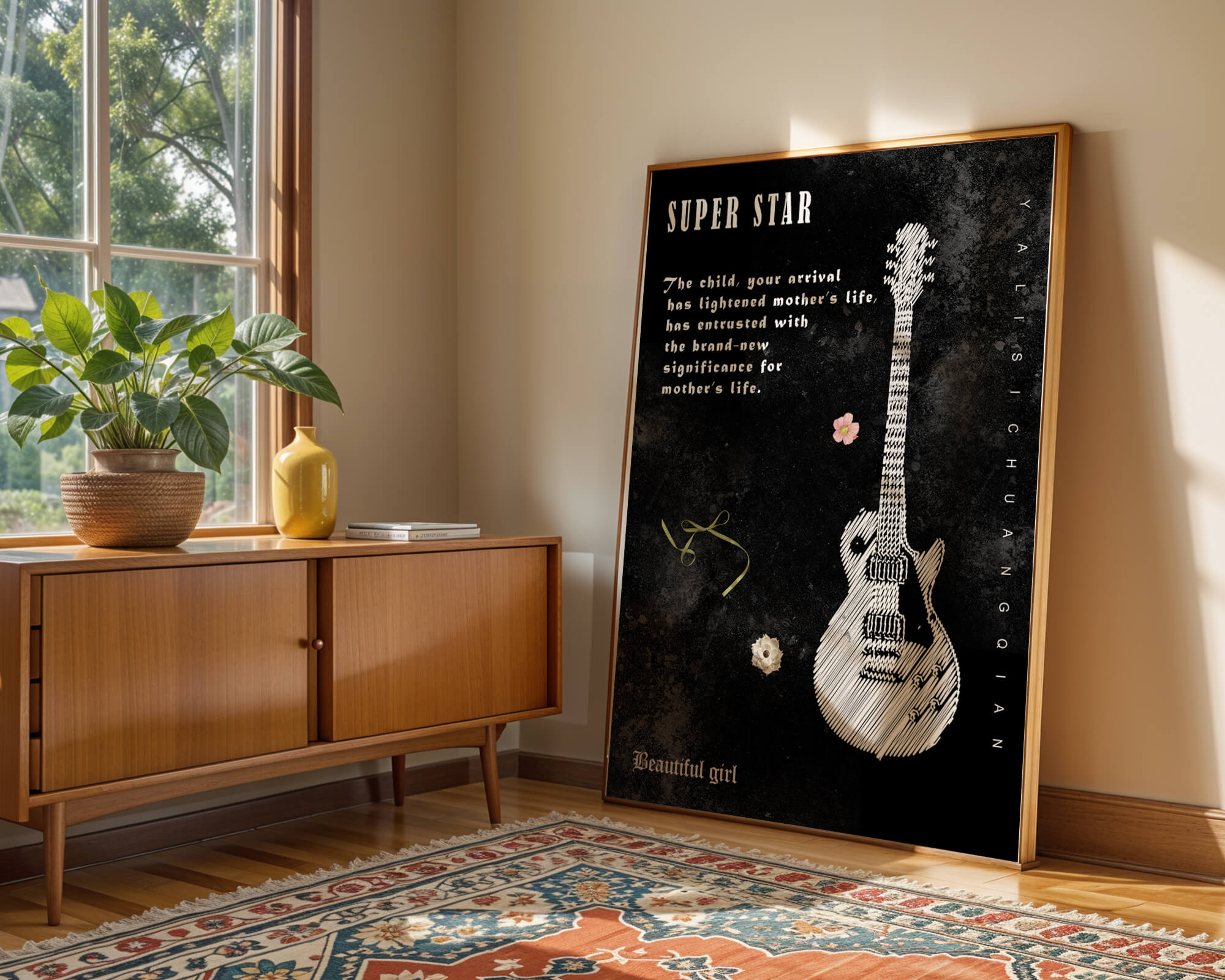 Artistic black and white guitar illustration with heartfelt text