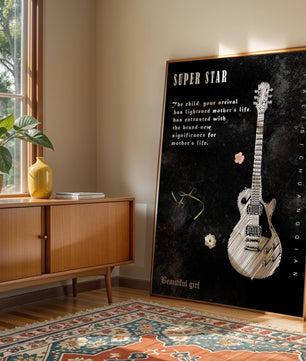 Ilustración de guitarra en blanco y negro artística con texto conmovedor