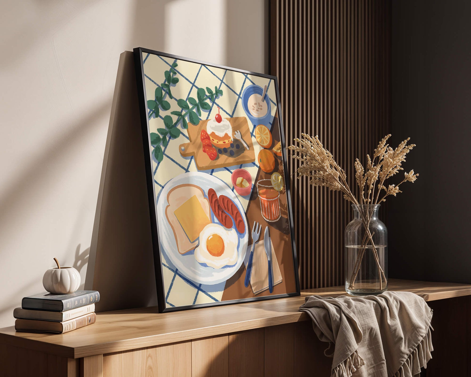 Escena de desayuno colorida con comida y bebida