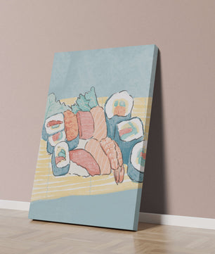Illustration of assorted sushi rolls with shrimp and salmon on a bamboo mat