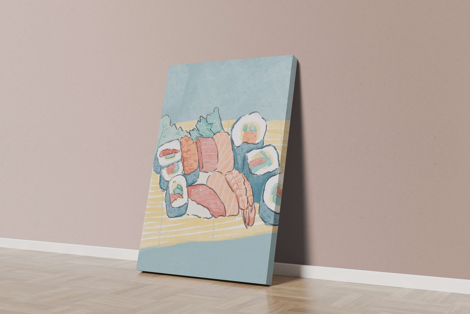 Illustration of assorted sushi rolls with shrimp and salmon on a bamboo mat