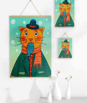 Gato caprichoso vestido con atuendo invernal colorido