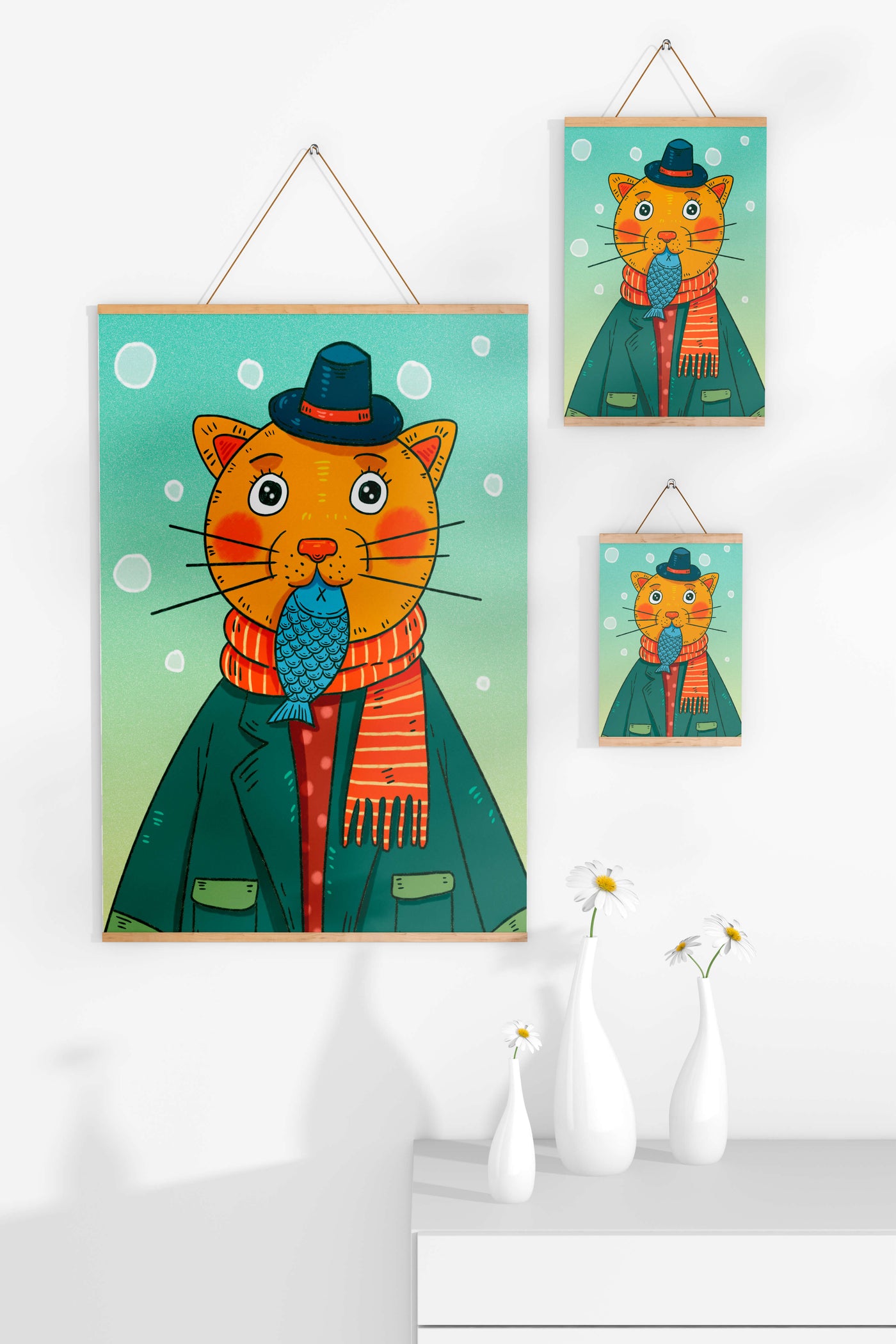 Whimsical cat dressed in colorful winter attire