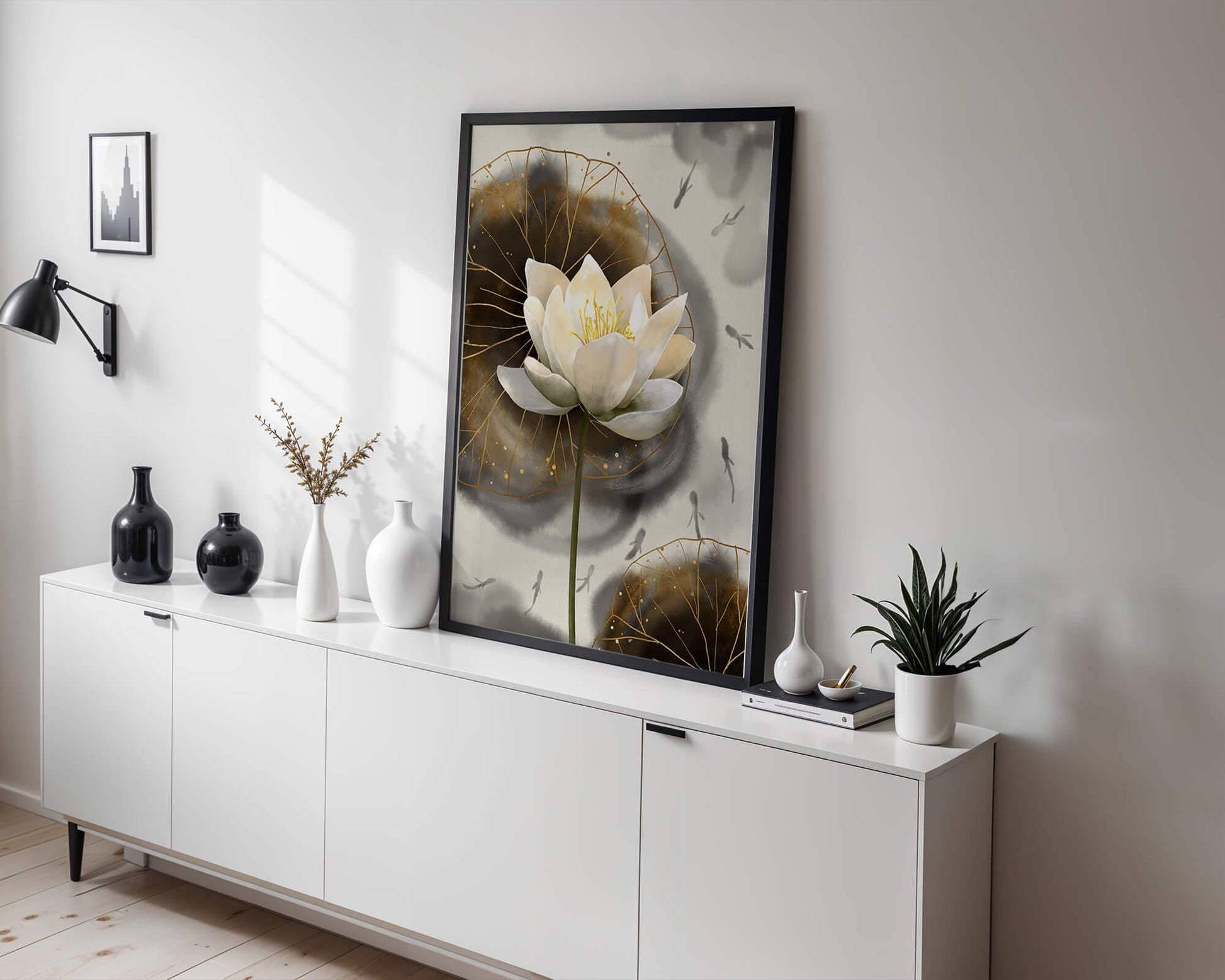 Illustration of a lotus flower with golden accents