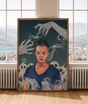 A Person Surrounded by Smoke and Ghostly Hands with Skulls in the Background