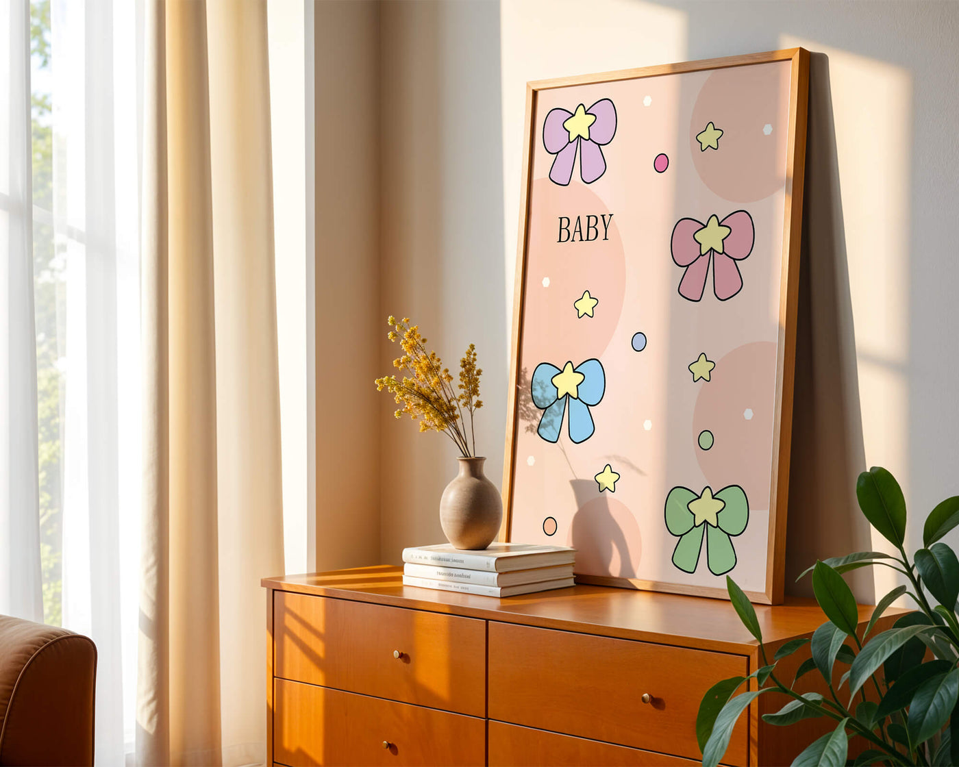 Colorful baby-themed backdrop with bows and stars