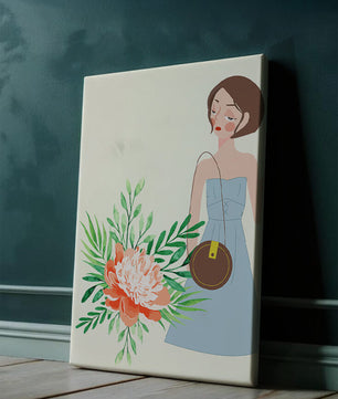 Ilustración de una mujer en vestido azul con diseño floral
