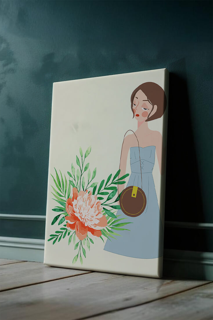 Ilustración de una mujer en vestido azul con diseño floral