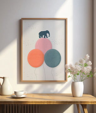 An Elephant Balancing on Colorful Balloons in a Minimalist Design - Mi tienda