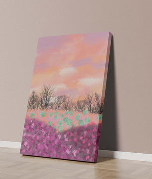 Paisaje sereno con campo floral vibrante y cielo pastel