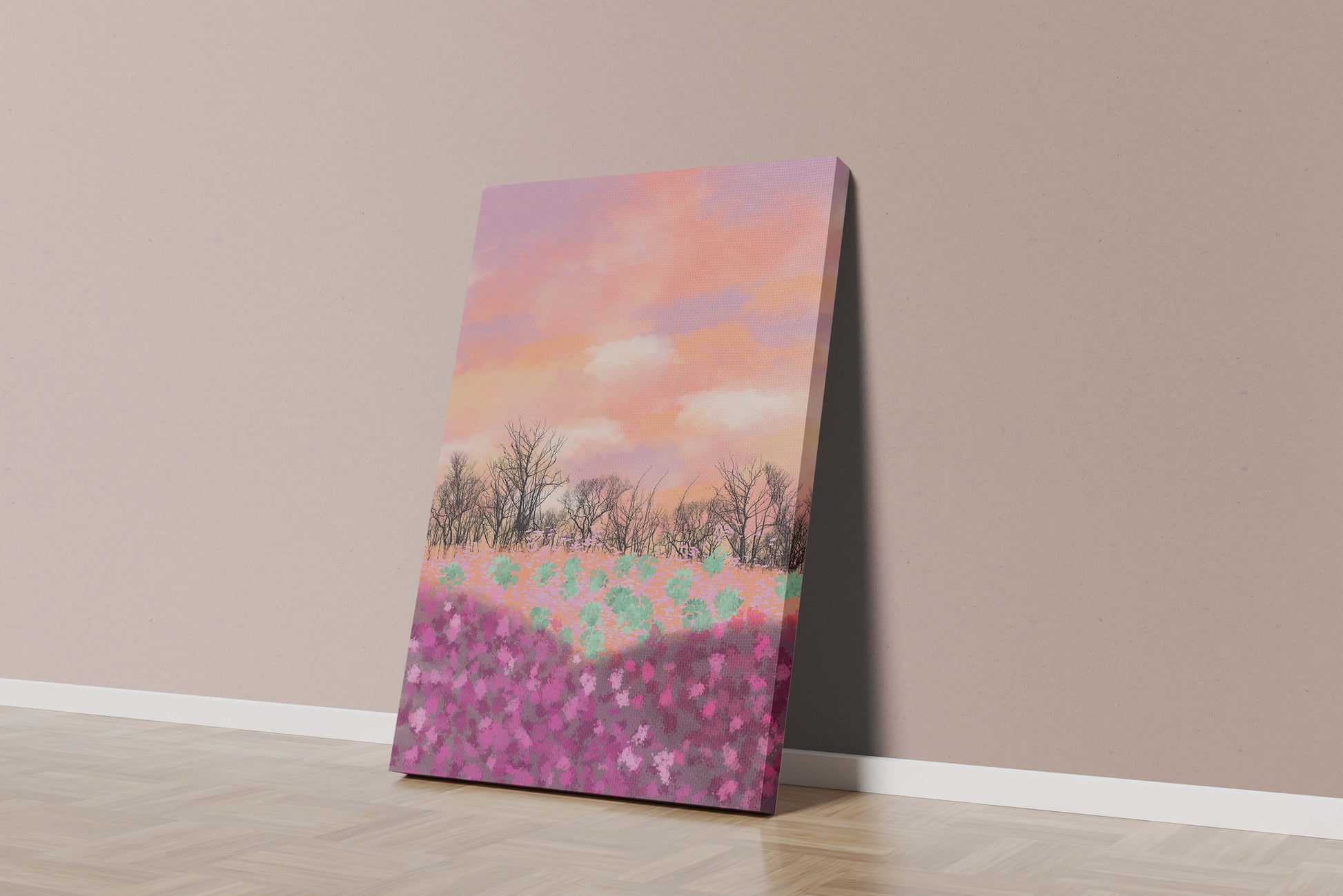 Paisaje sereno con campo floral vibrante y cielo pastel