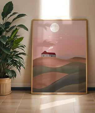 House On Pink Hill Under Full Moon