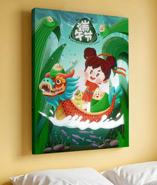 Illustration de la fête des bateaux-dragons avec un enfant et un bateau-dragon