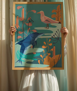 Geometric Dolphin and Seagull with Floral Elements in Abstract Nature