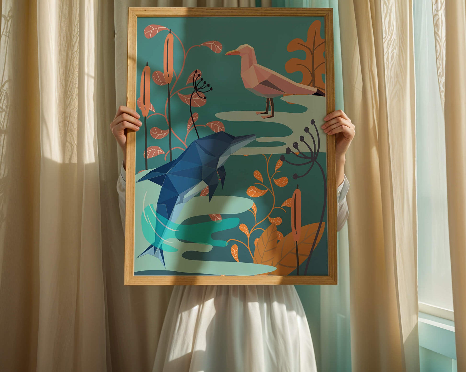 Geometric Dolphin and Seagull with Floral Elements in Abstract Nature