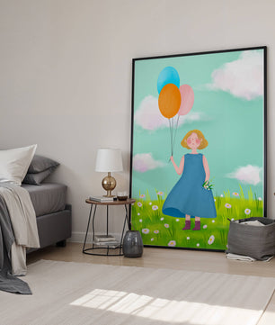 Girl with balloons in a field of daisies under a blue sky