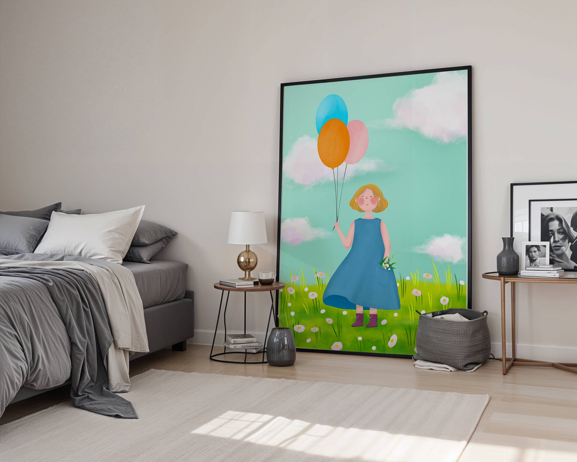 Girl with balloons in a field of daisies under a blue sky