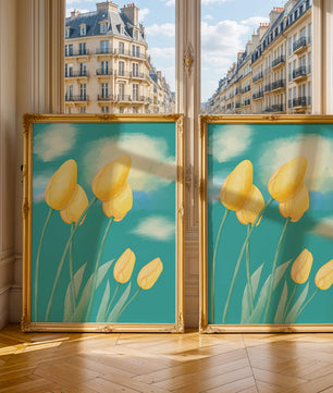 Stylized yellow tulips against a cloudy blue sky background