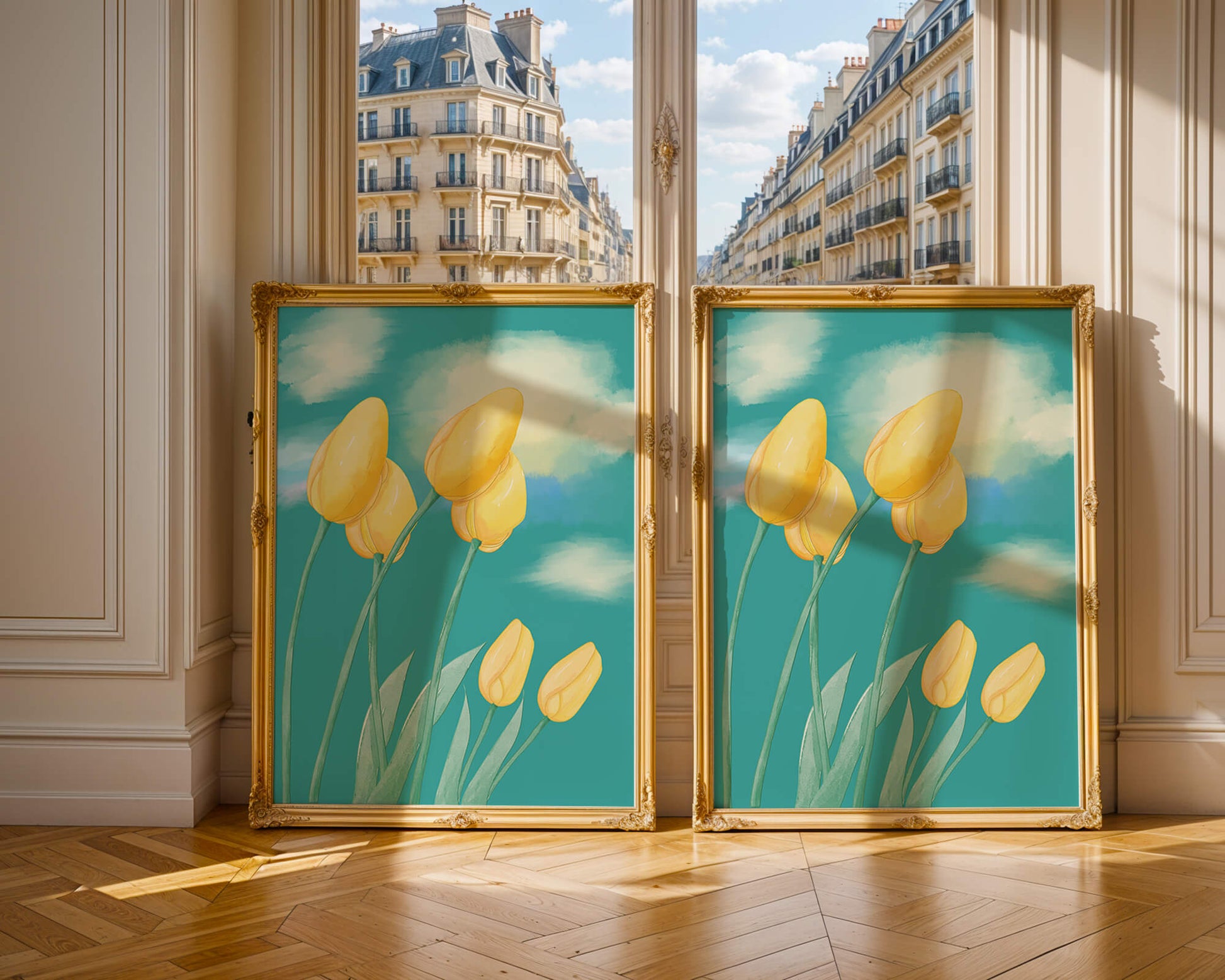 Stylized yellow tulips against a cloudy blue sky background