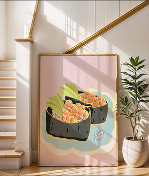 Illustration of sushi rolls with fish roe and avocado on a pastel background