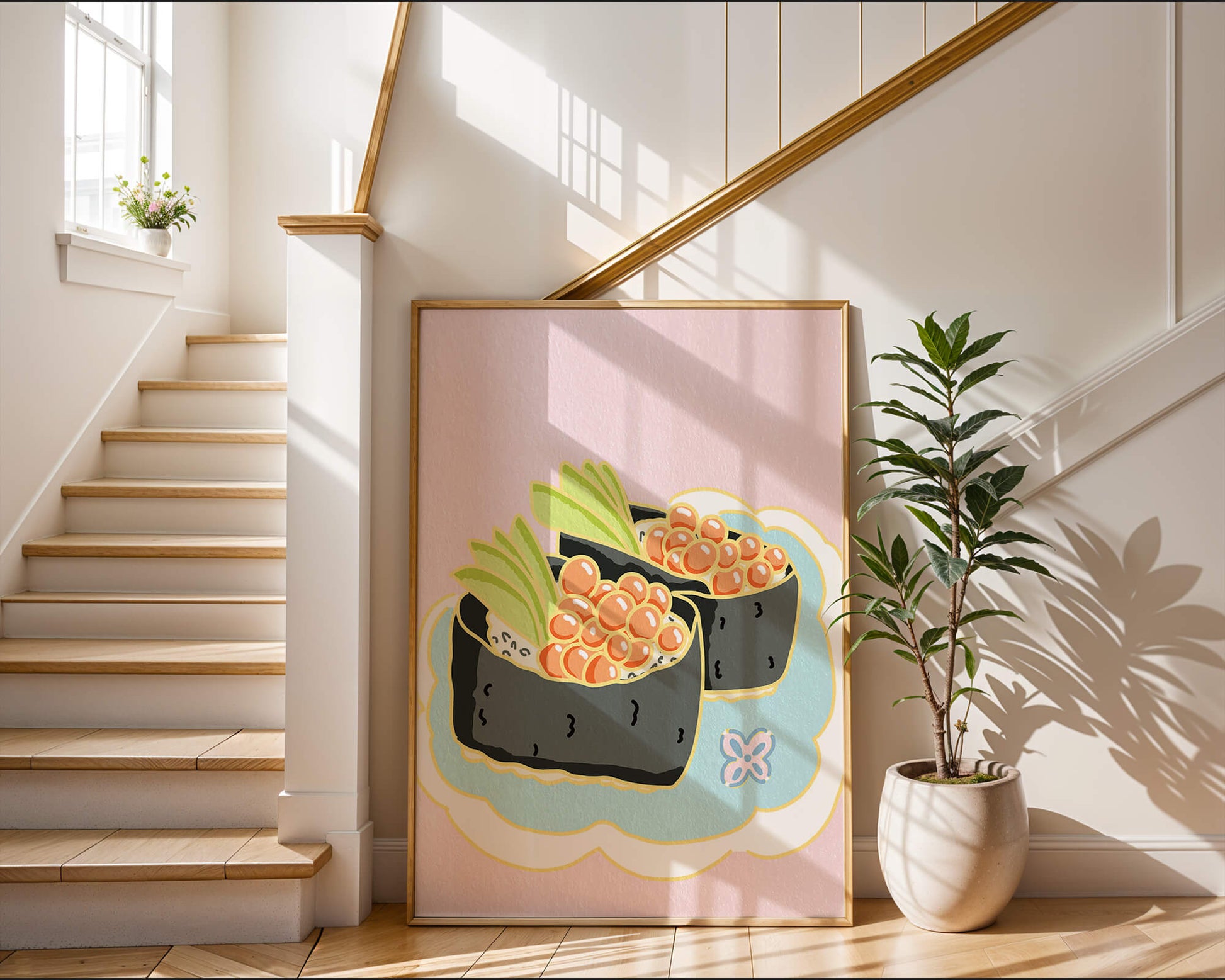 Illustration of sushi rolls with fish roe and avocado on a pastel background