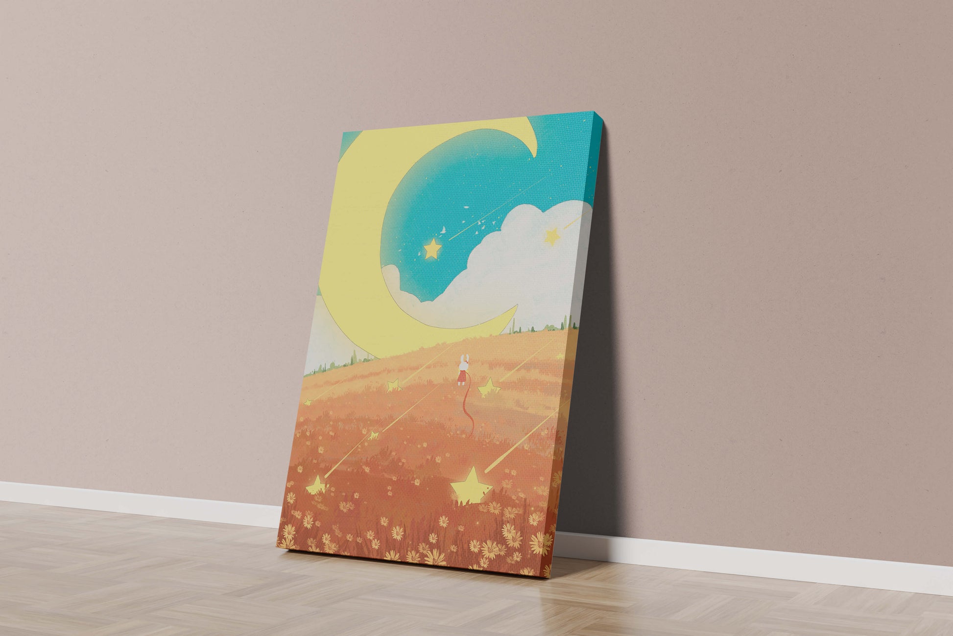 Dreamy Nighttime Landscape with Moon and Stars in a Field