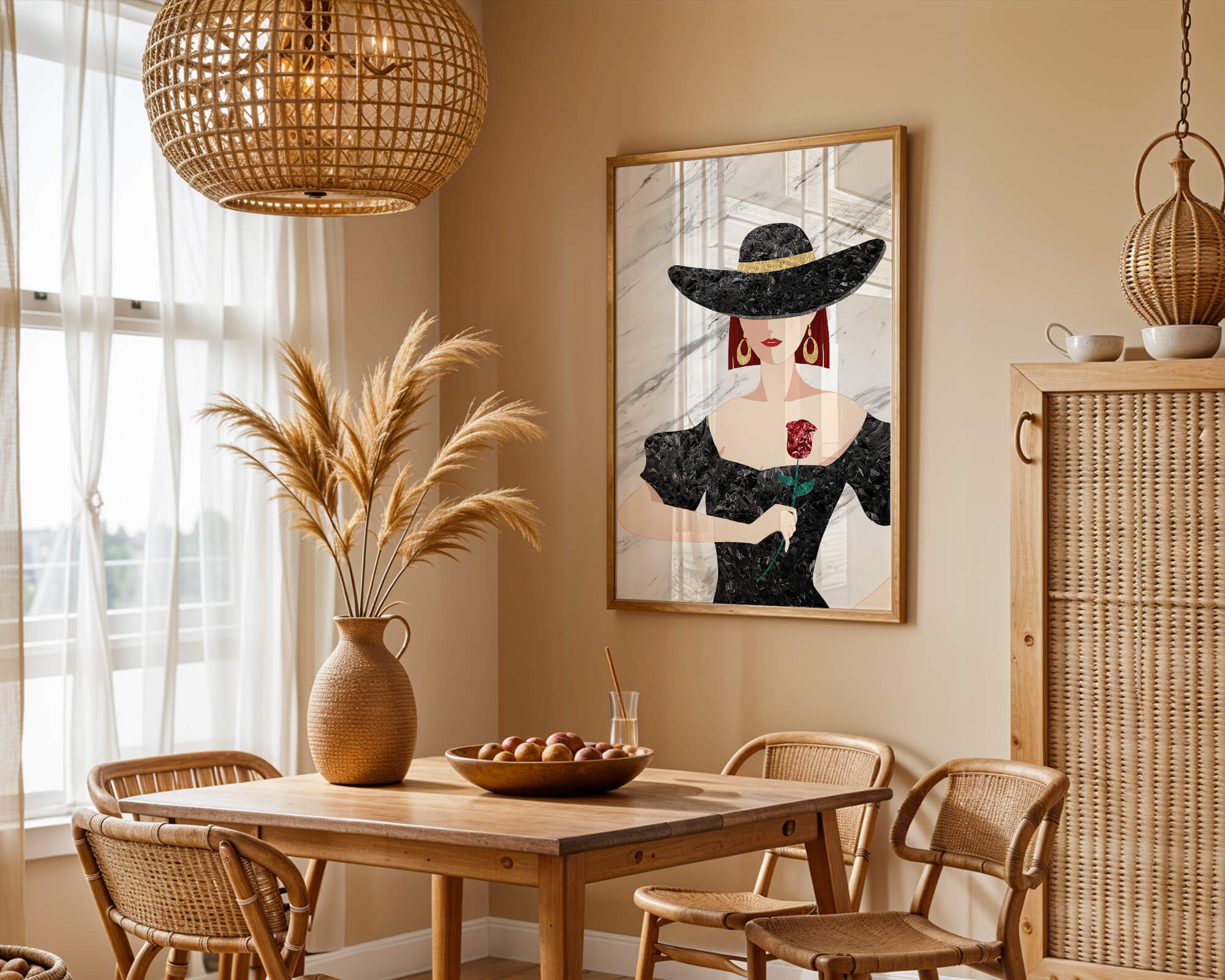 Elegant woman in wide-brimmed hat holding a rose on marble background