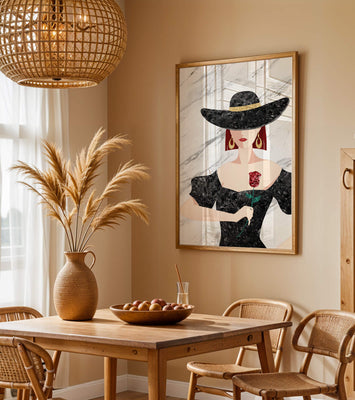 Elegant woman in wide-brimmed hat holding a rose on marble background