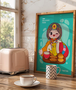 Charmanter tibetischer Charakter mit traditioneller Lebensmittelillustration