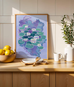 Serene aquatic scene with water lilies on abstract colorful background