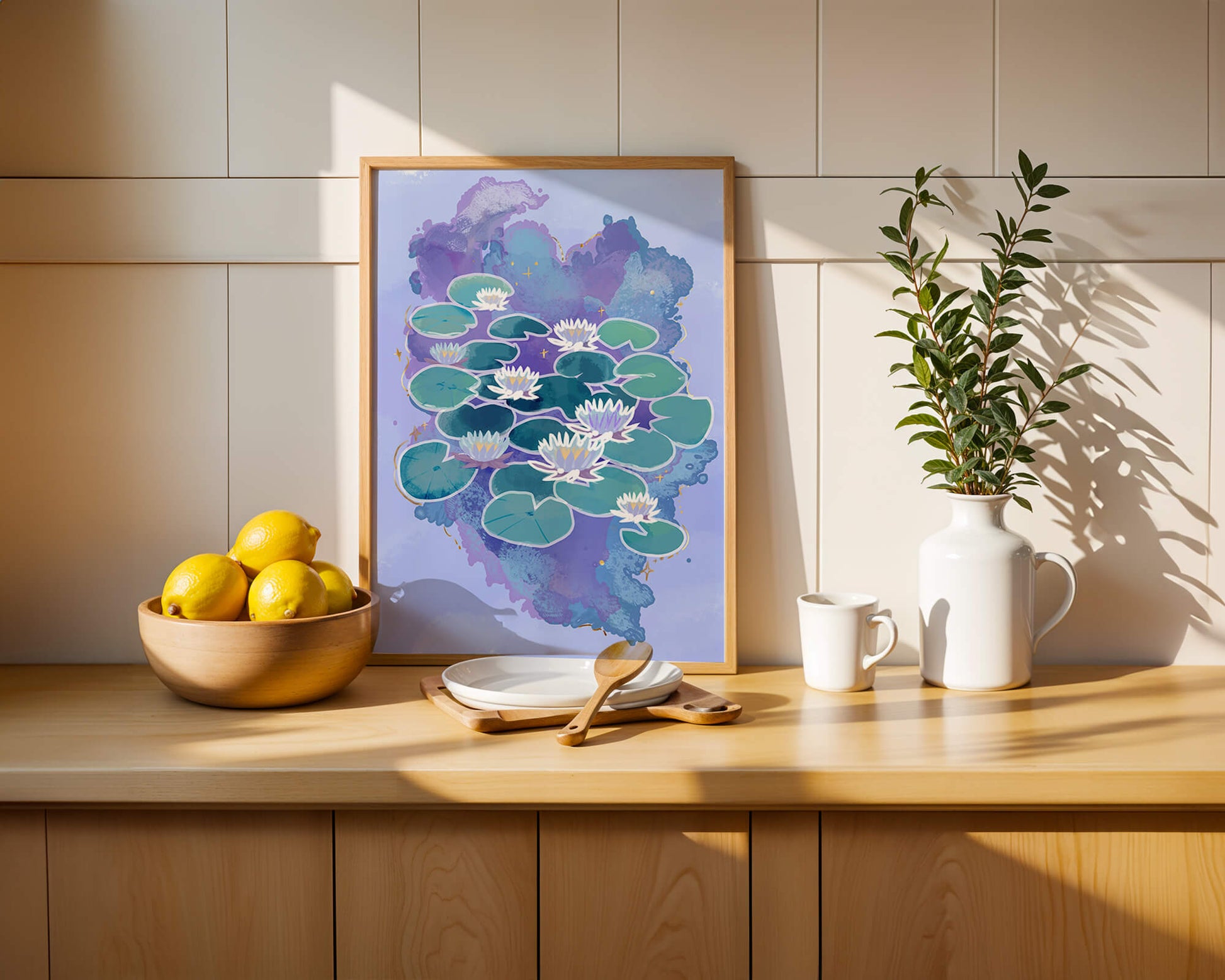Serene aquatic scene with water lilies on abstract colorful background