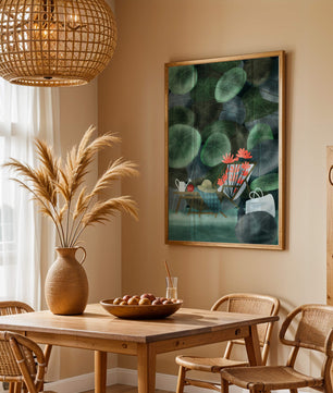 Garden Scene with Flowers, Table, and Chair in a Leafy Backdrop