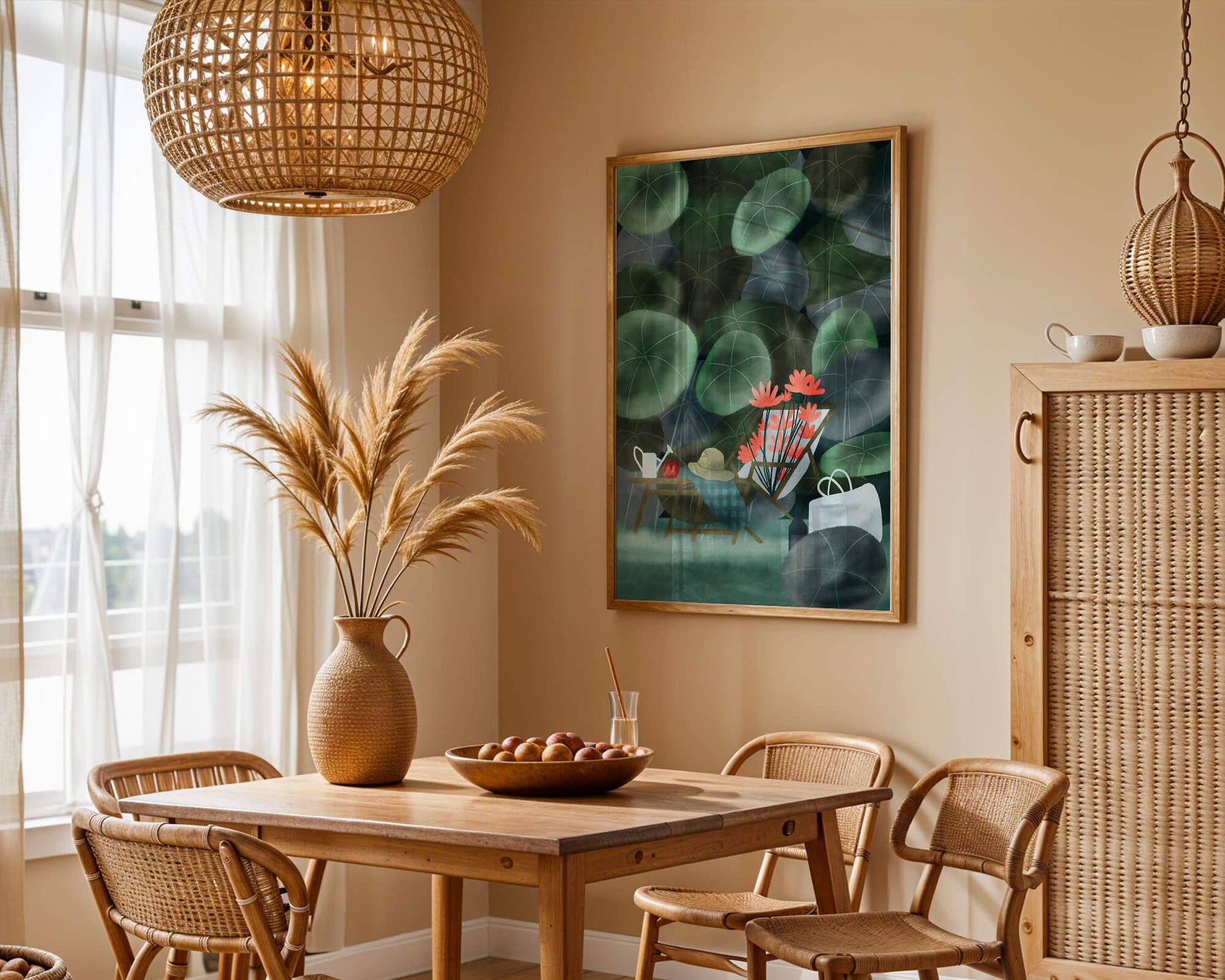 Garden Scene with Flowers, Table, and Chair in a Leafy Backdrop