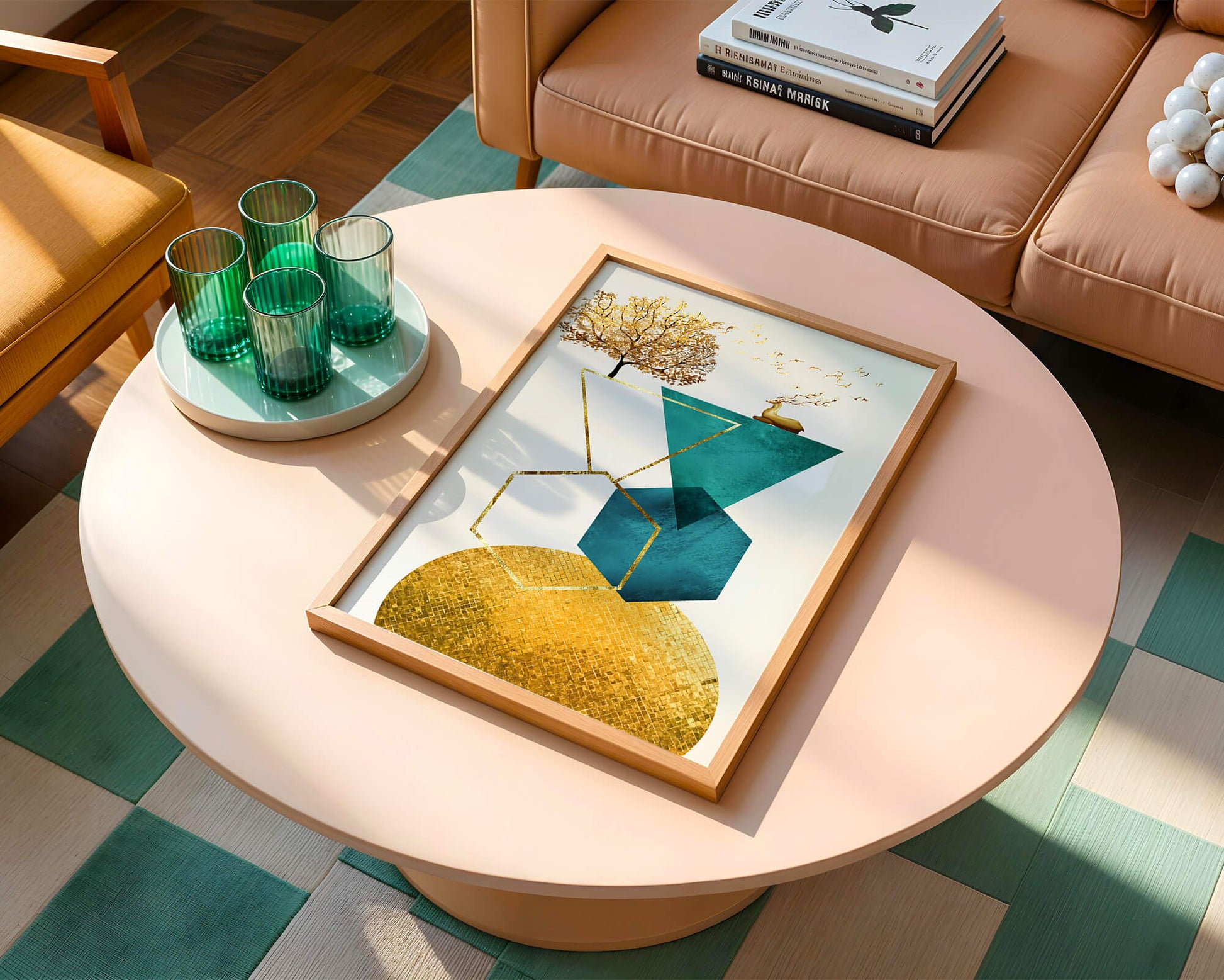 Abstract Geometric Composition with Golden Deer and Tree