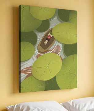 Person in boat among lush green lily pads