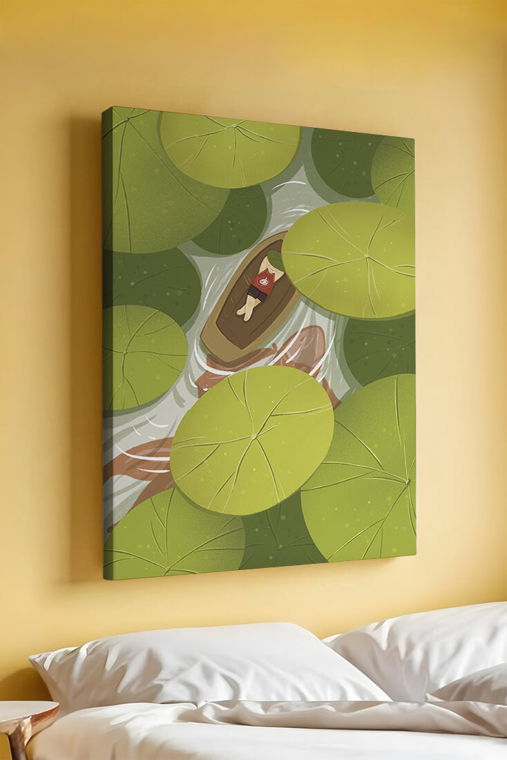Person in boat among lush green lily pads